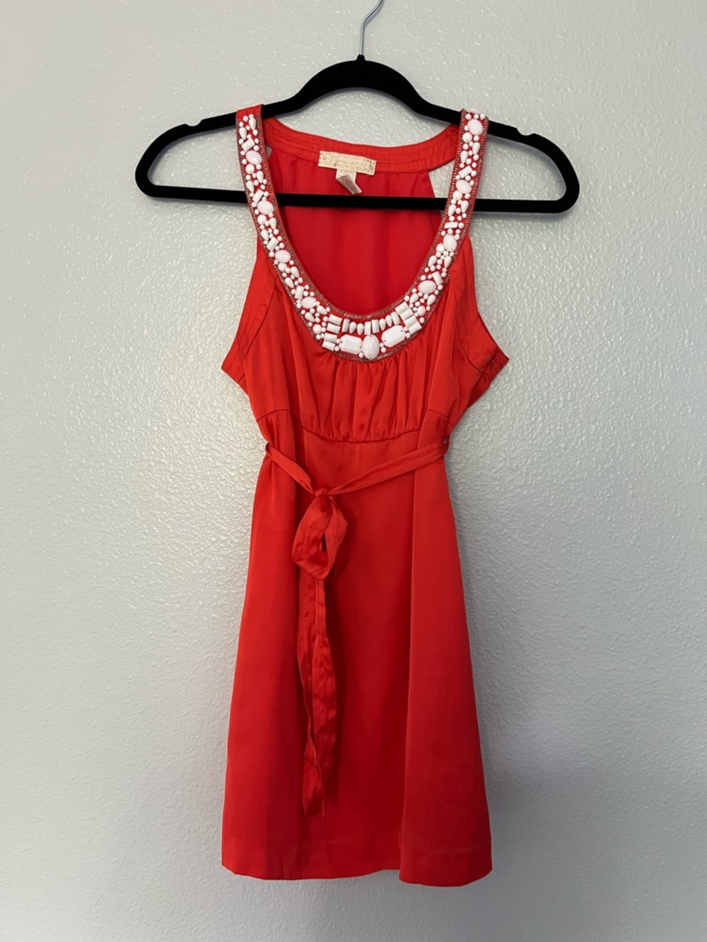 Forever 21 Red Sleeveless Beaded Neck Tie-Waist Mini Satin Dress